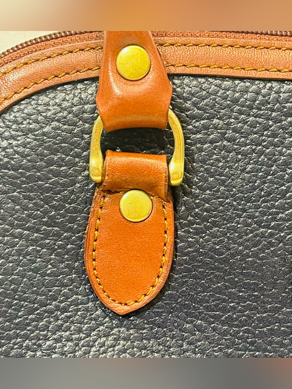 Vintage Liz Claiborne Pebbled Leather Two Tone Satchel Purse Navy Tan - Picture 3 of 10